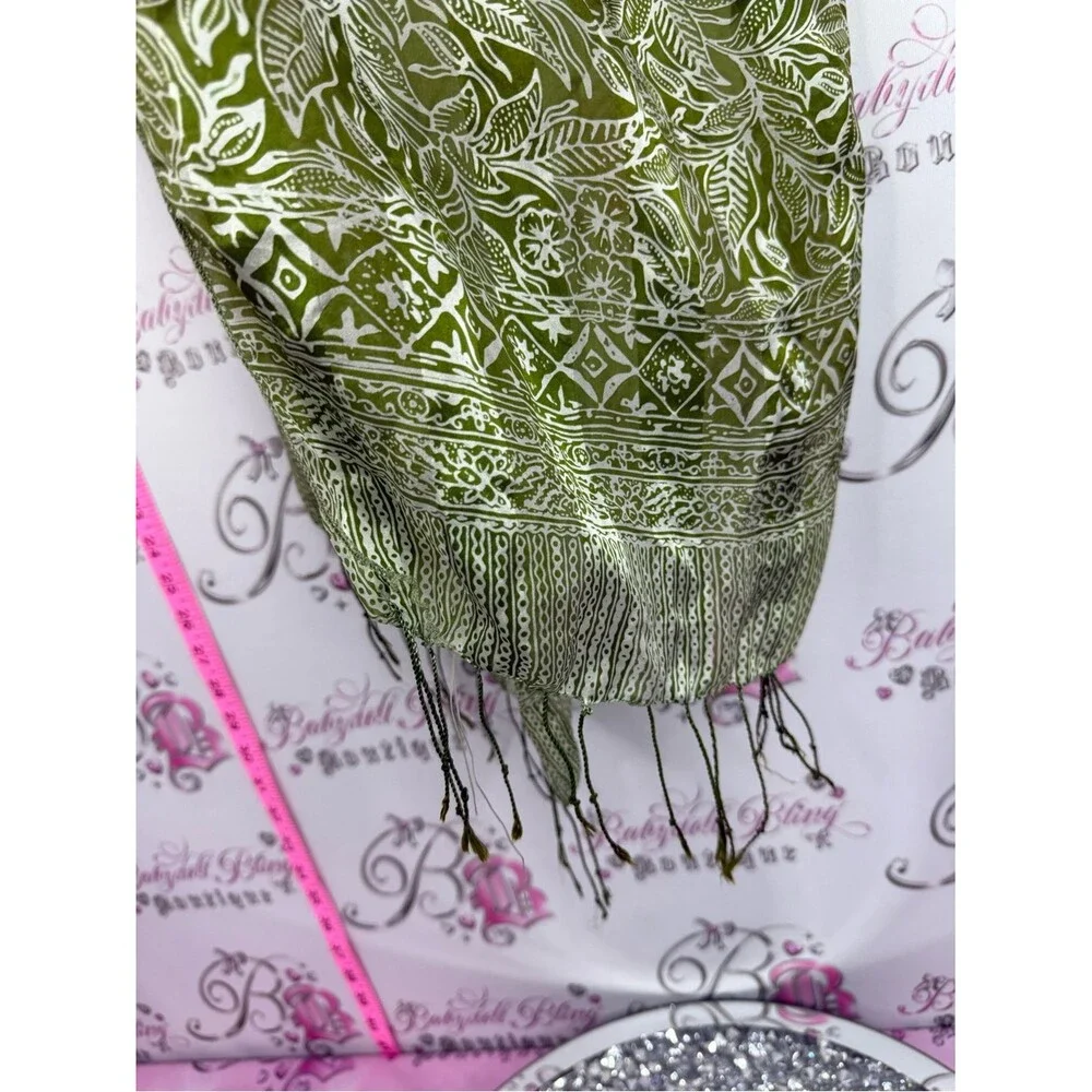 Scarf tassle Lightweight Olive Green Leaf Print Scarf - Women Accessories